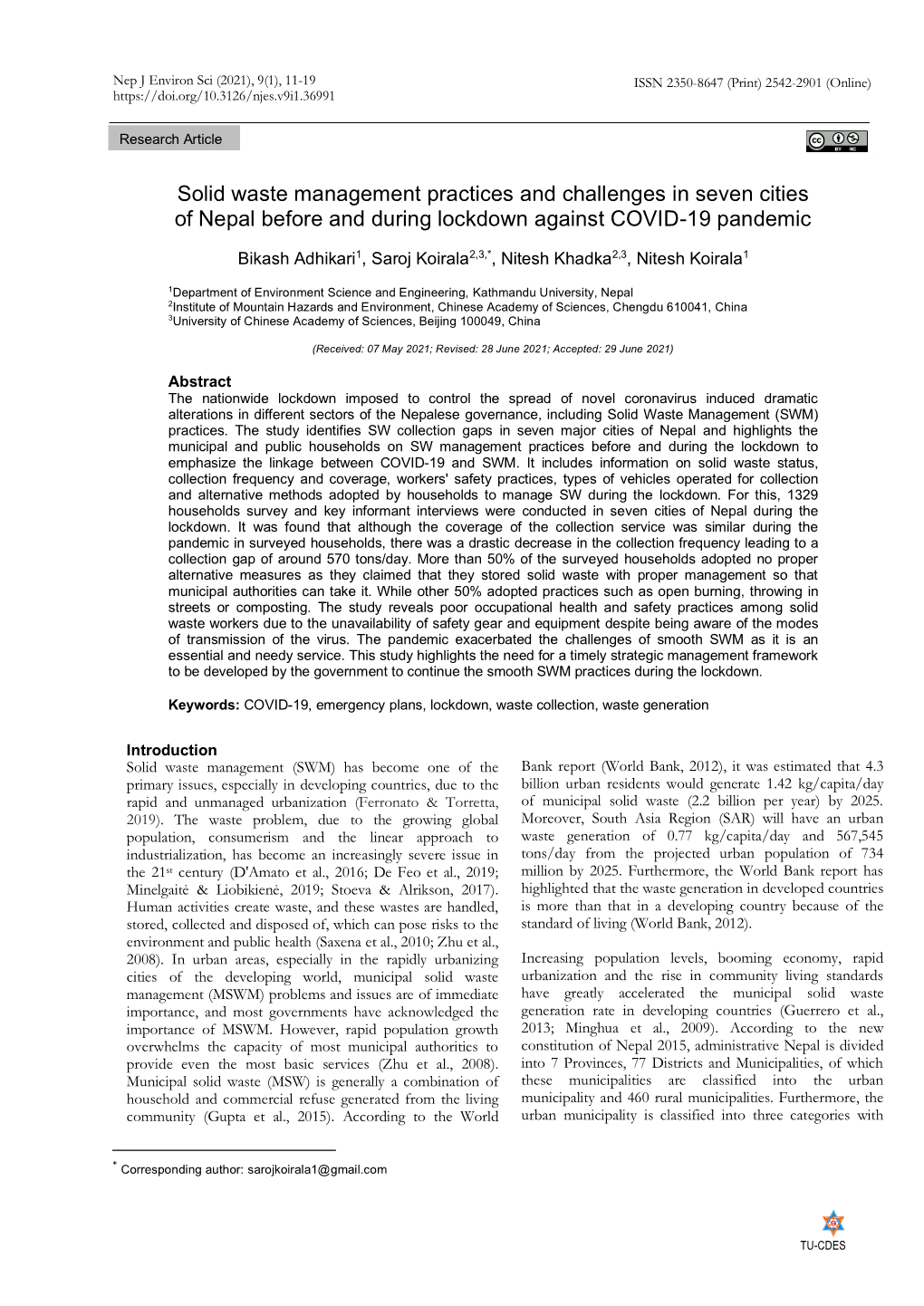 Solid Waste Management Practices and Challenges in Seven Cities of Nepal Before and During Lockdown Against COVID-19 Pandemic