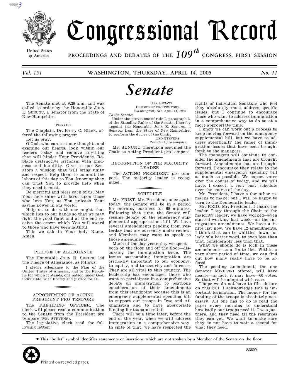 Congressional Record United States Th of America PROCEEDINGS and DEBATES of the 109 CONGRESS, FIRST SESSION