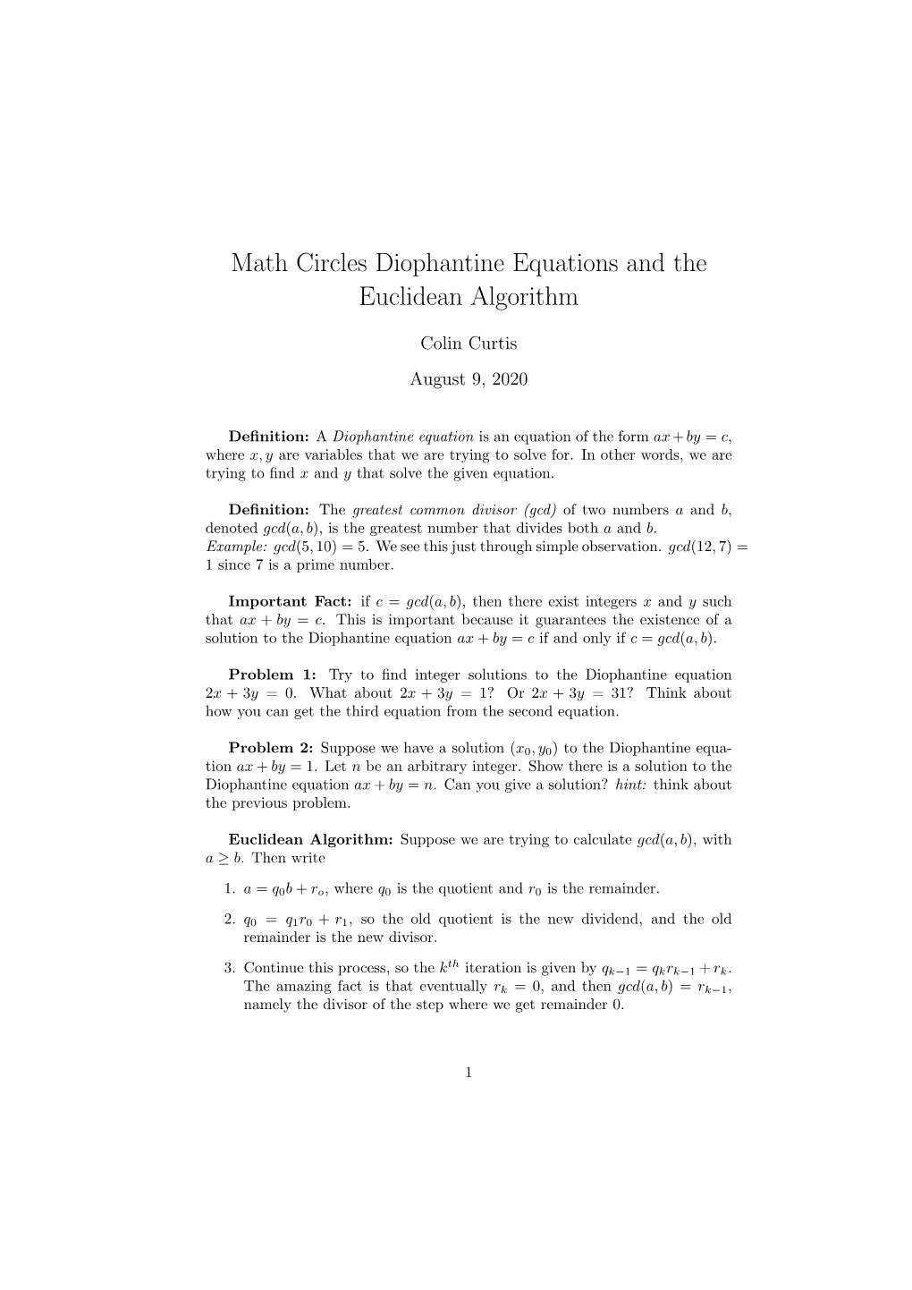 Math Circles Diophantine Equations and the Euclidean Algorithm