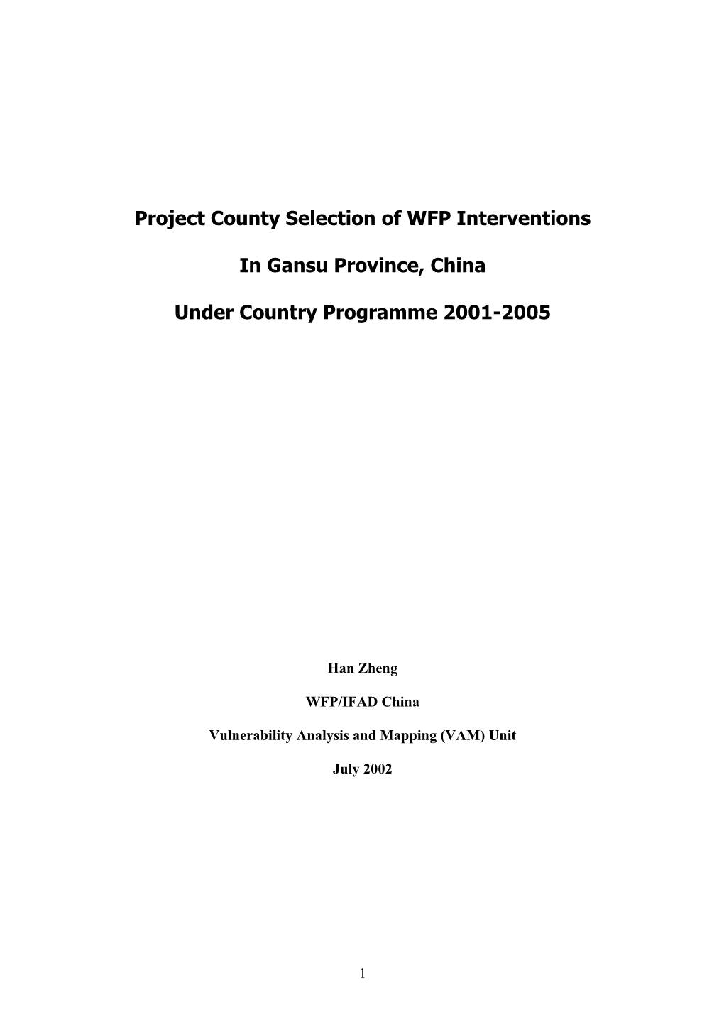 Project County Selection of WFP Interventions in Gansu Province