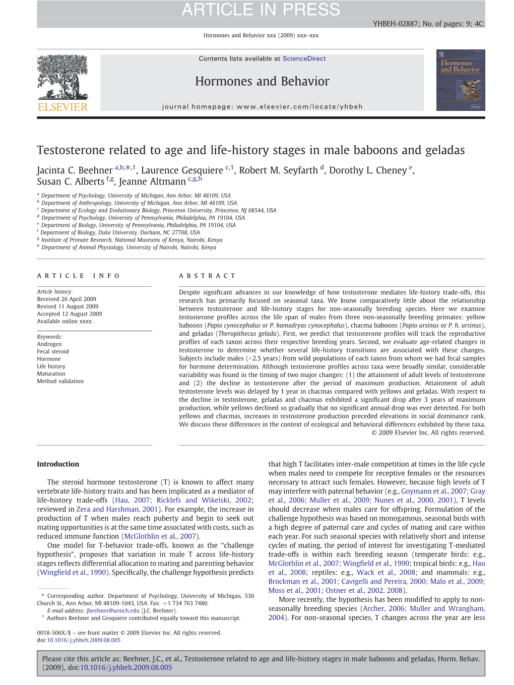 Testosterone Related to Age and Life-History Stages in Male Baboons and Geladas