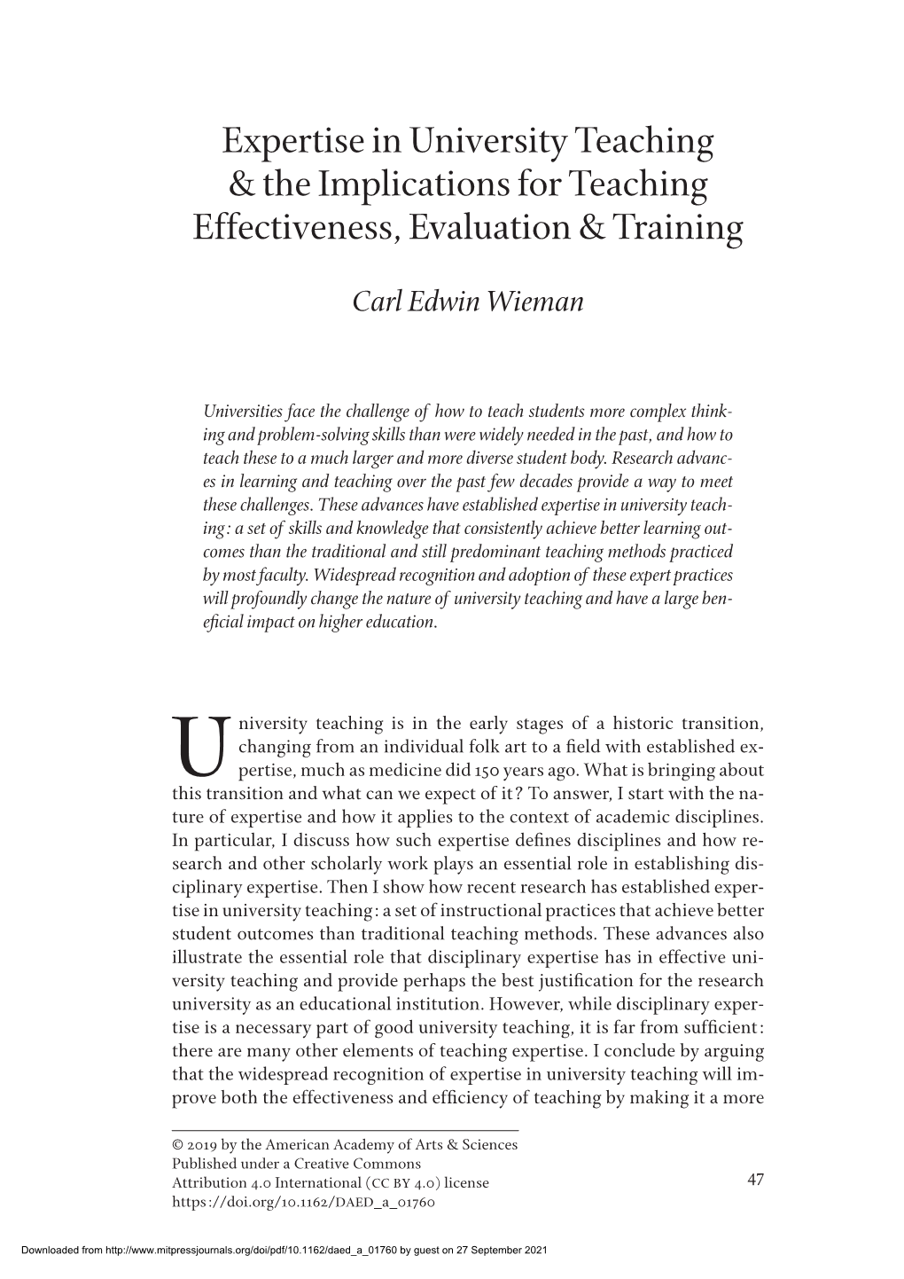 Expertise in University Teaching & the Implications for Teaching Effectiveness, Evaluation & Training