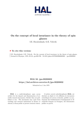 On the Concept of Local Invariance in the Theory of Spin Glasses I.E