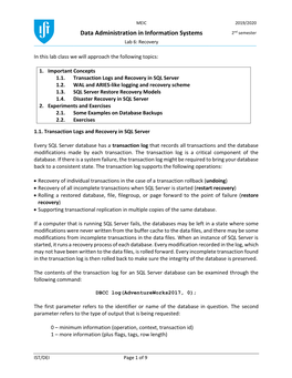 Data Administration in Information Systems 2Nd Semester Lab 6: Recovery