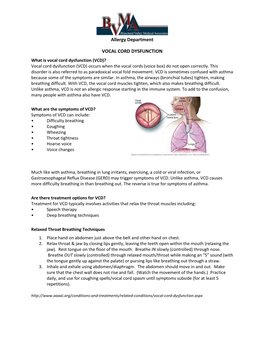 Allergy Department VOCAL CORD DYSFUNCTION