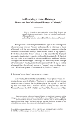 Anthropology Versus Ontology Plessner and Jonas’S Readings of Heidegger’S Philosophy*