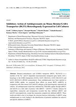 Inhibitory Action of Antidepressants on Mouse Betaine/GABA Transporter (BGT1) Heterologously Expressed in Cell Cultures