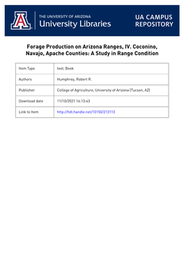 Forage Production on Arizona Ranges, IV. Coconino, Navajo, Apache Counties: a Study in Range Condition