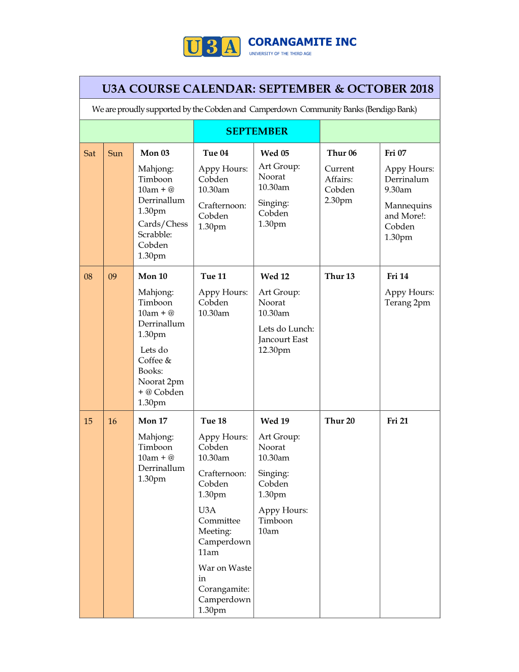 U3a Course Calendar: September & October 2018