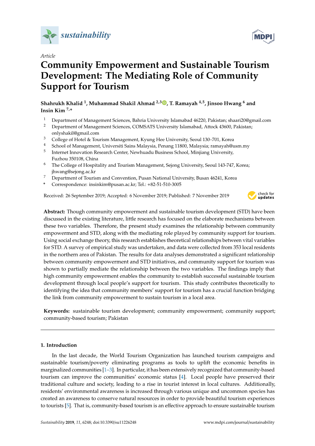 Community Empowerment and Sustainable Tourism Development: the Mediating Role of Community Support for Tourism