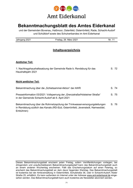 Bekanntmachungsblatt Des Amtes Eiderkanal