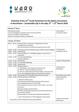 Schedule of the 15Th Youth Parliament to the Alpine Convention in Rosenheim – Sustainable Life in the Alps, 9Th – 13Th March 2020