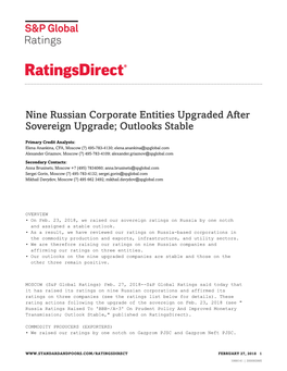 Nine Russian Corporate Entities Upgraded After Sovereign Upgrade; Outlooks Stable