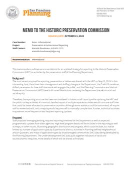 MEMO to the Historic Preservation COMMISSION HEARING DATE: OCTOBER 21, 2020