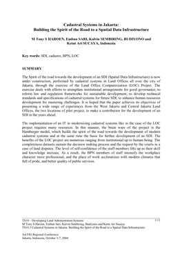 Cadastral Systems in Jakarta: Building the Spirit of the Road to a Spatial Data Infrastructure