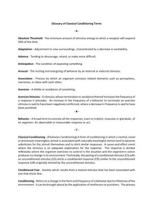 Glossary of Classical Conditioning Terms