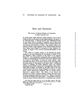 Notes and Documents Downloaded from the Letters of Queen Eleanor of Aquitaine to Pope Celestine III