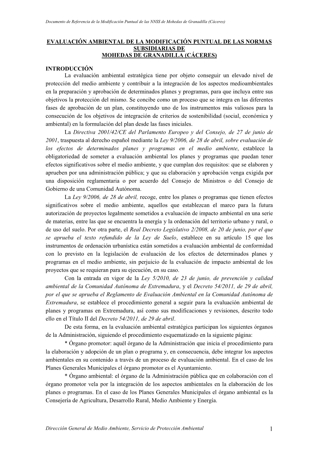 Evaluación Ambiental De La Modificación Puntual De Las Normas Subsidiarias De Mohedas De Granadilla (Cáceres) Introducción