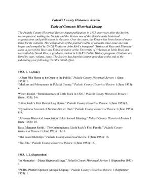 Pulaski County Historical Review Table of Contents Historical Listing