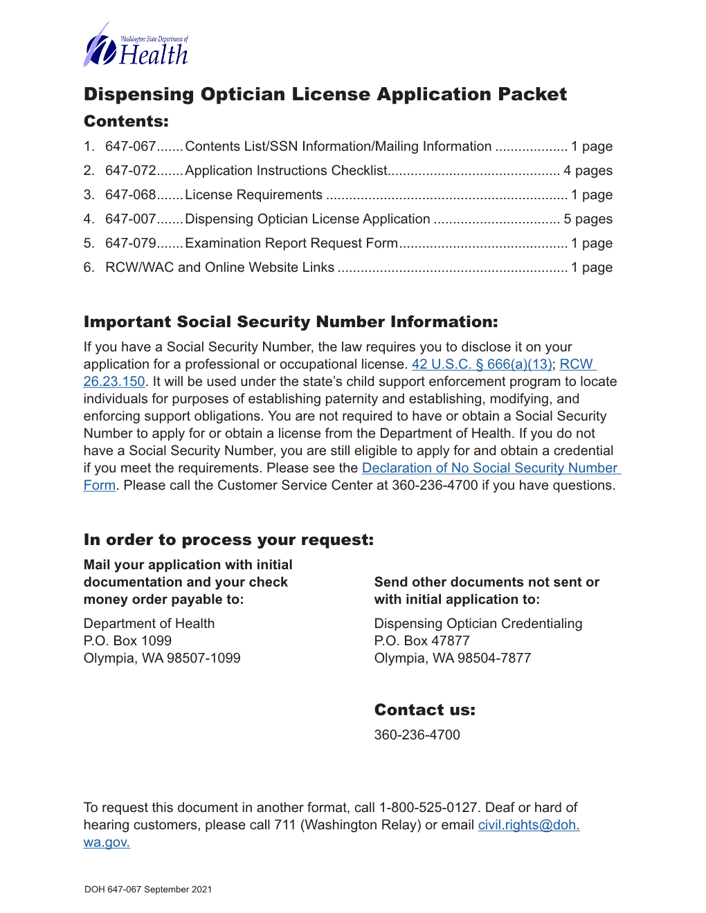 Dispensing Optician License Application Packet Contents: 1