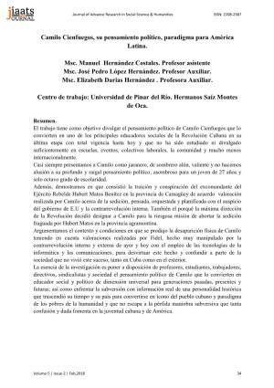 Camilo Cienfuegos, Su Pensamiento Político, Paradigma Para América Latina. Msc. Manuel Hernández Costales. Profesor Asistent