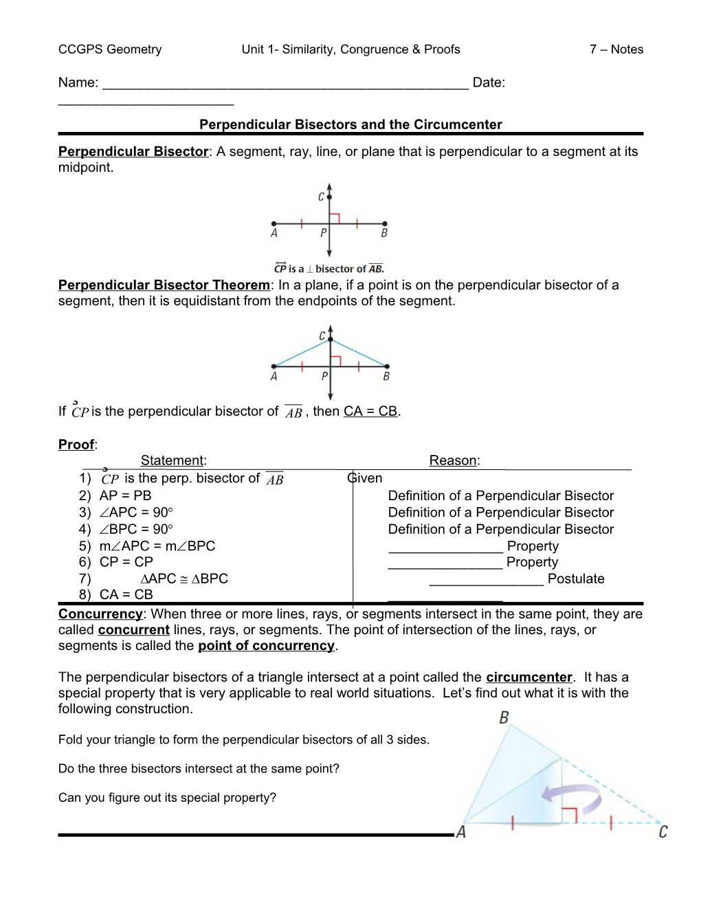 Perpendicular Bisectors and the Circumcenter