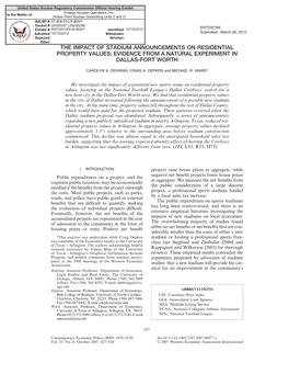 The Impact of Stadium Announcements on Residential Property Values: Evidence from a Natural Experiment in Dallas-Fort Worth