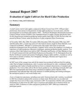 Annual Report 2007 Evaluation of Apple Cultivars for Hard Cider Production