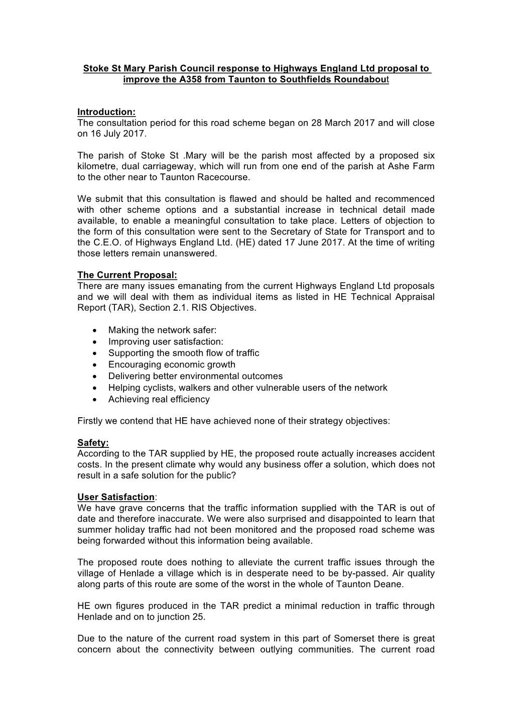 Stoke St Mary Parish Council Response to Highways England Ltd Proposal to Improve the A358 from Taunton to Southfields Roundabout