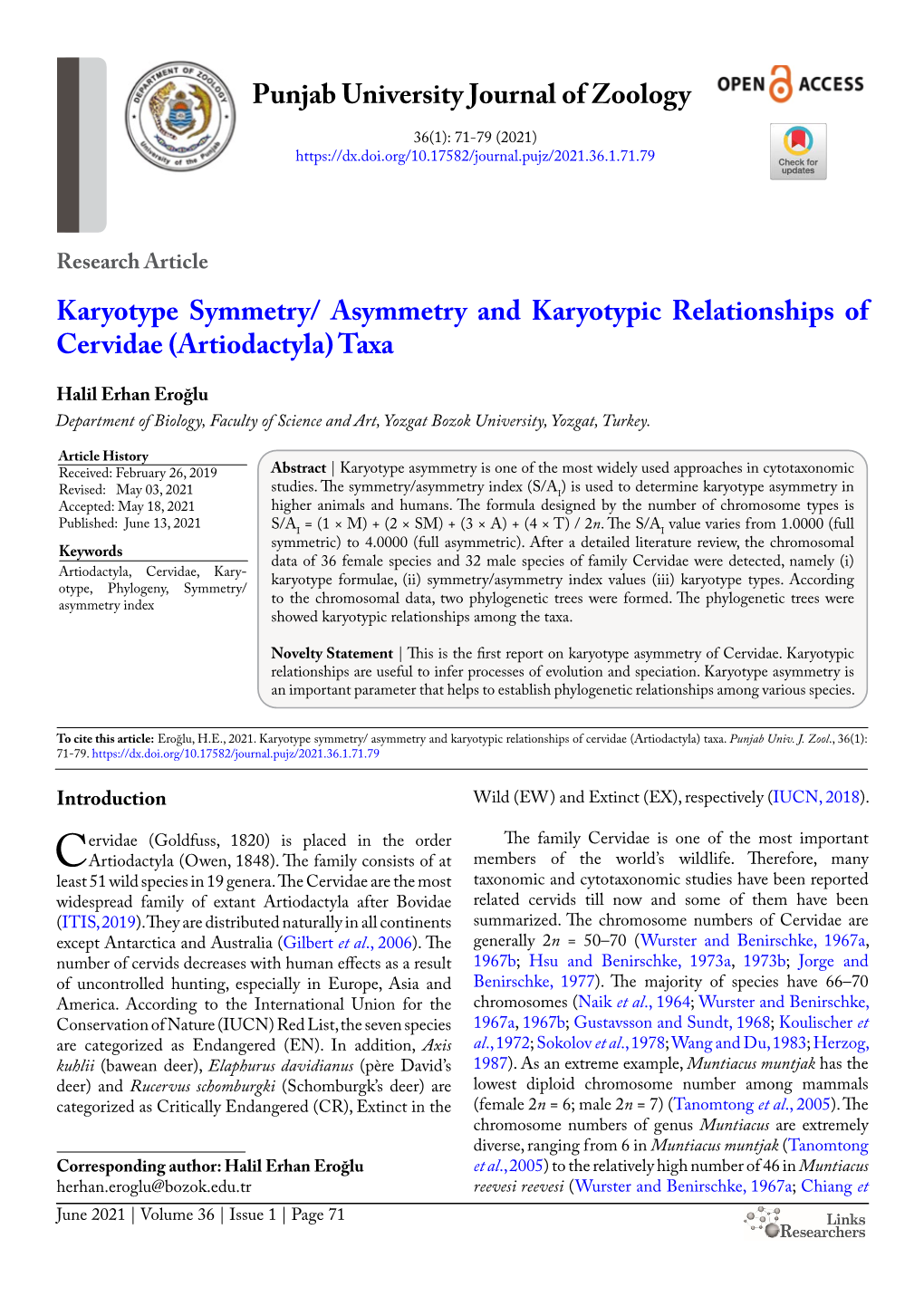 Asymmetry and Karyotypic Relationships of Cervidae (Artiodactyla) Taxa