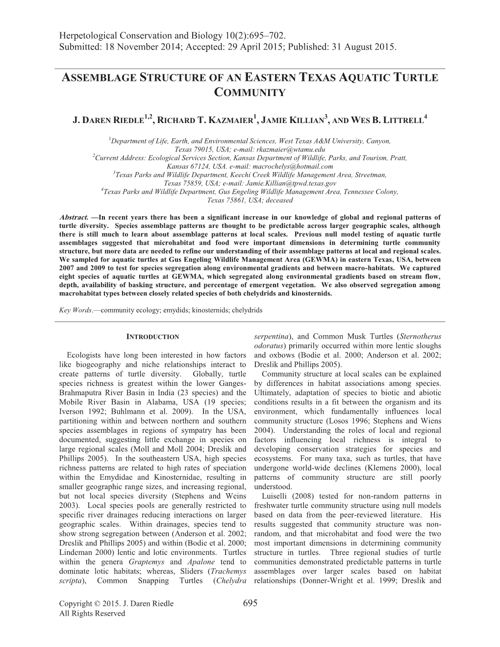 Assemblage Structure of an Eastern Texas Aquatic Turtle Community