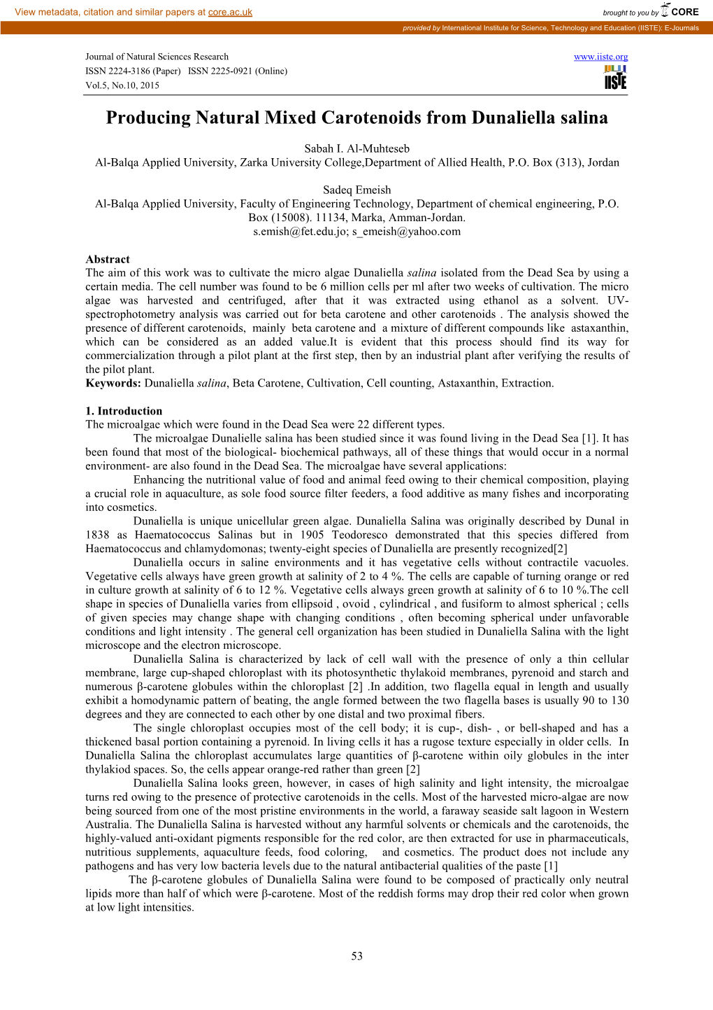 Producing Natural Mixed Carotenoids from Dunaliella Salina