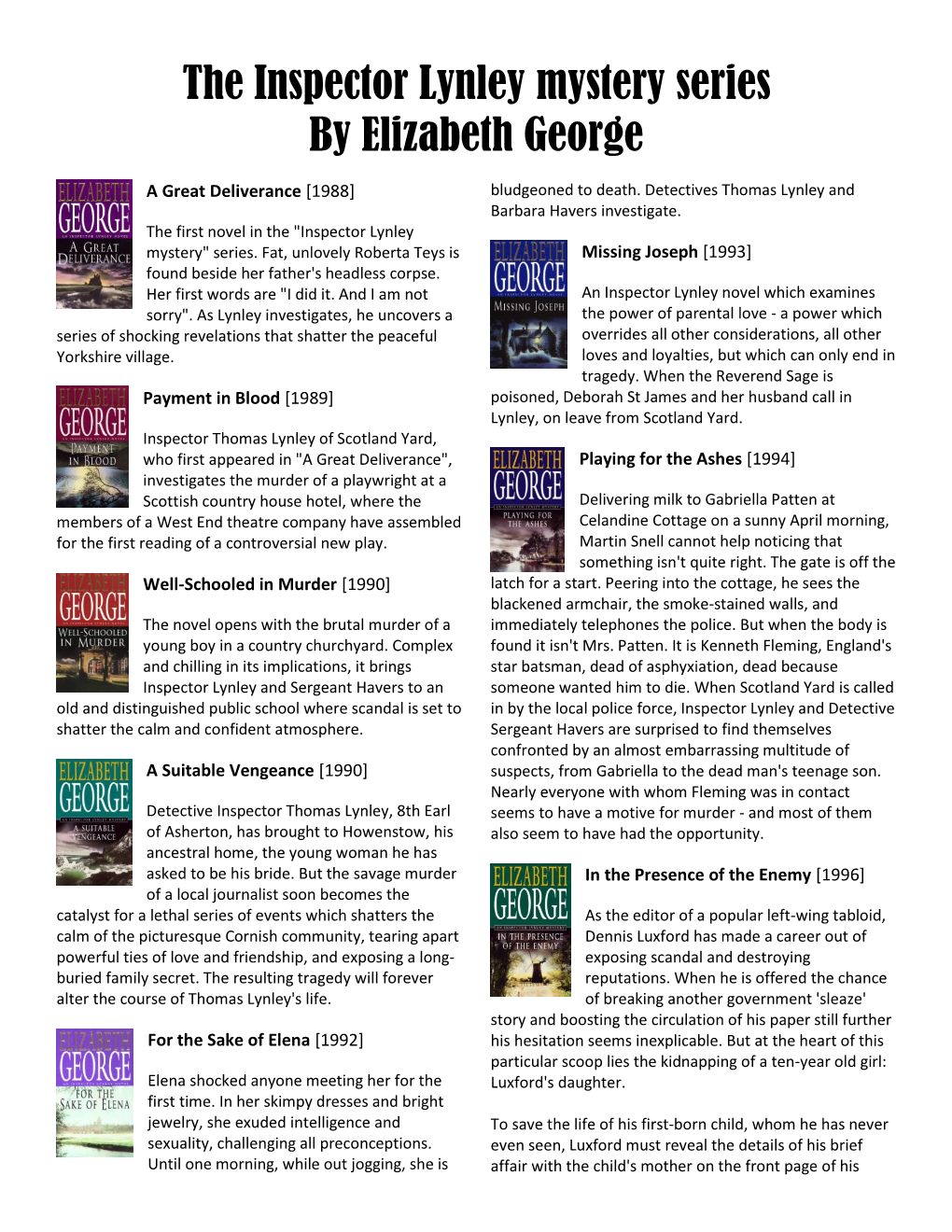 The Inspector Lynley Mystery Series by Elizabeth George