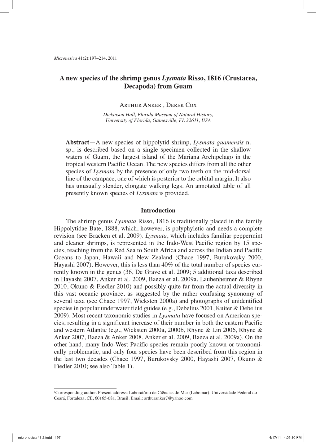 A New Species of the Shrimp Genus Lysmata Risso, 1816 (Crustacea, Decapoda) from Guam