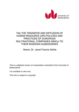 Title the TRANSFER and DIFFUSION of HUMAN RESOURCE (HR) POLICIES and PRACTICES of EUROPEAN MULTINATIONAL COMPANIES (Mncs) to THEIR NIGERIAN SUBSIDIARIES