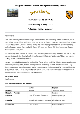 Langley Fitzurse Church of England Primary School NEWSLETTER 15