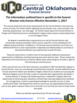 Funeral Service the Information Outlined Here Is Specific to the Funeral Director Only License Effective November 1, 2017