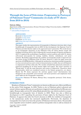 Through the Lens of Television: Progression in Portrayal of Pakistani Trans* Community (A Study of TV Shows from 2010 to 2018)