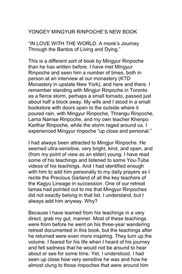YONGEY MINGYUR RINPOCHE's NEW BOOK “IN LOVE with the WORLD. a Monk's Journey Through the Bardos of Living and Dying.” Th