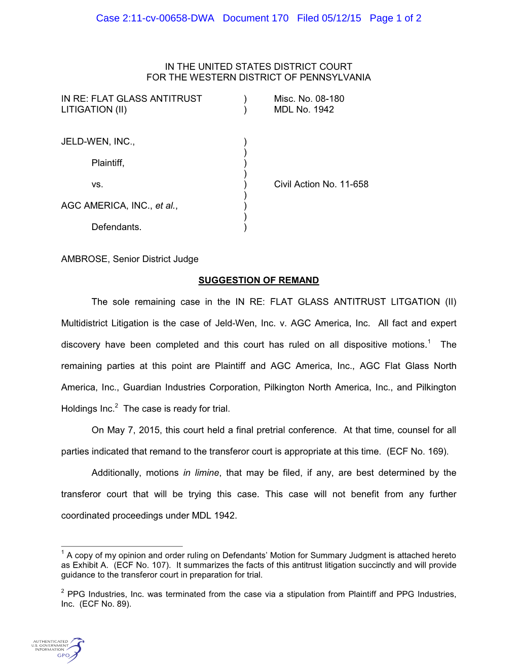Case 2:11-Cv-00658-DWA Document 170 Filed 05/12/15 Page 1 of 2