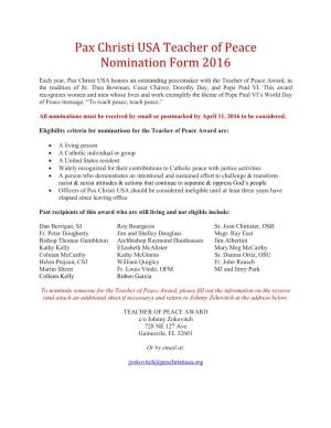 Pax Christi USA Teacher of Peace Nomination Form 2016