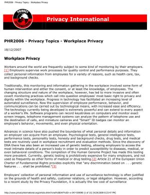 PHR2006 - Privacy Topics - Workplace Privacy