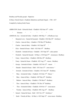 Bredbury Baptism Index 1700 to 1837