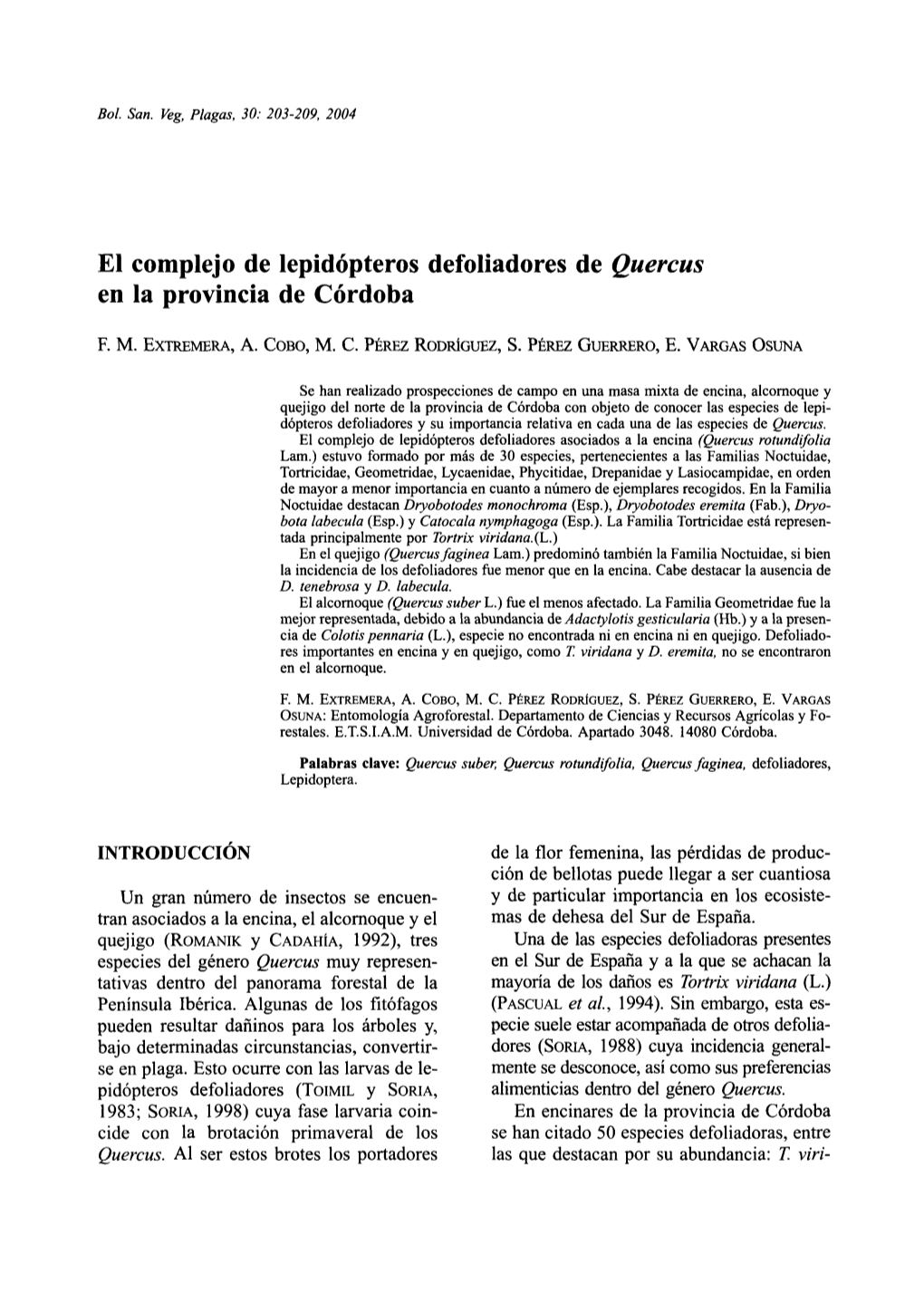 El Complejo De Lepidópteros Defoliadores De Quercus En La Provincia De Córdoba