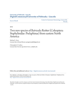 Two New Species of Batrisodes Reitter (Coleoptera: Staphylinidae: Pselaphinae) from Eastern North America Michael L