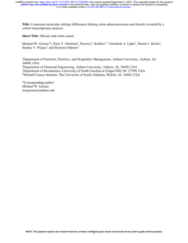Consensus Molecular Subtype Differences Linking Colon Adenocarcinoma and Obesity Revealed by a Cohort Transcriptomic Analysis