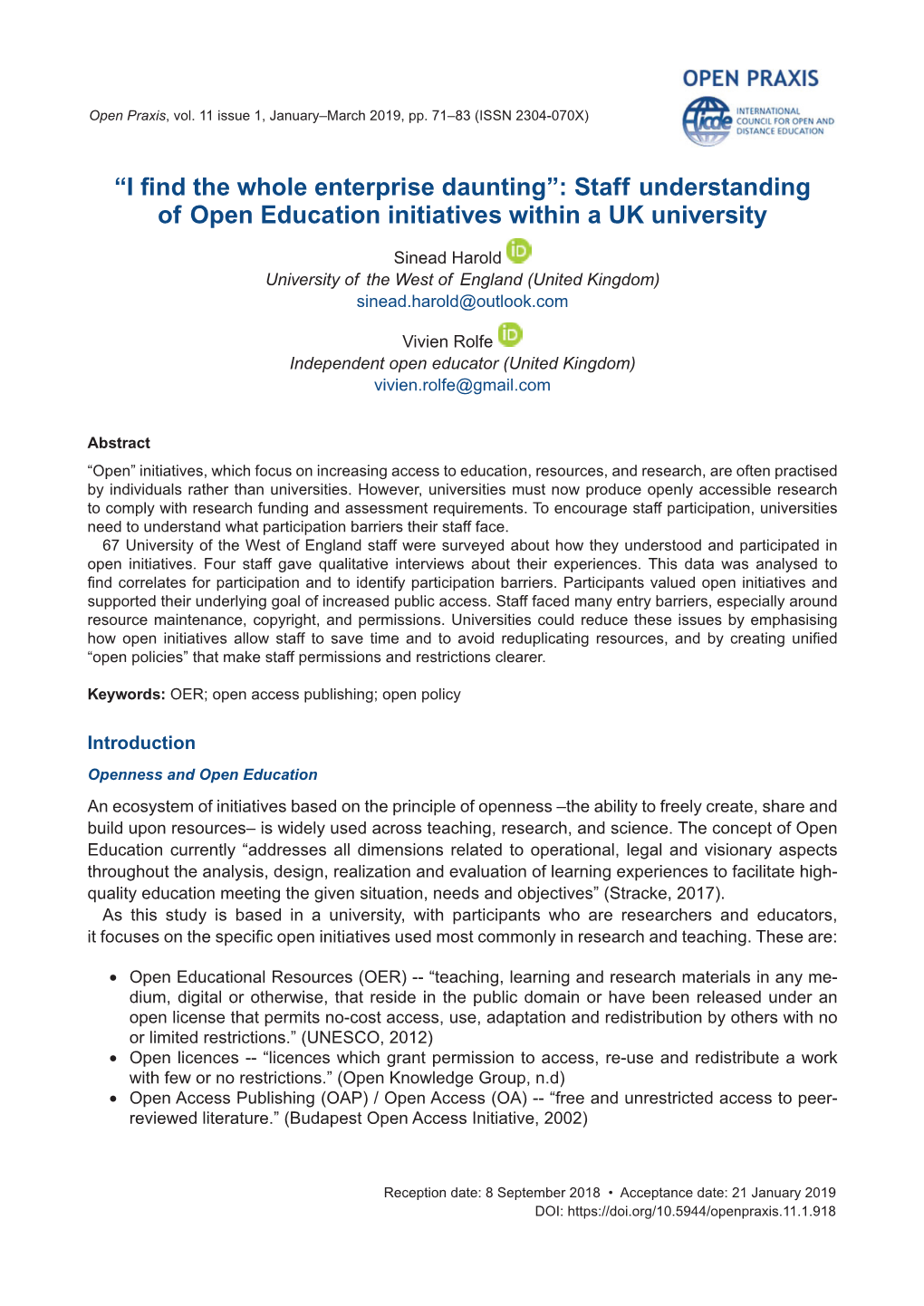 “I Find the Whole Enterprise Daunting”: Staff Understanding of Open Education Initiatives Within a UK University