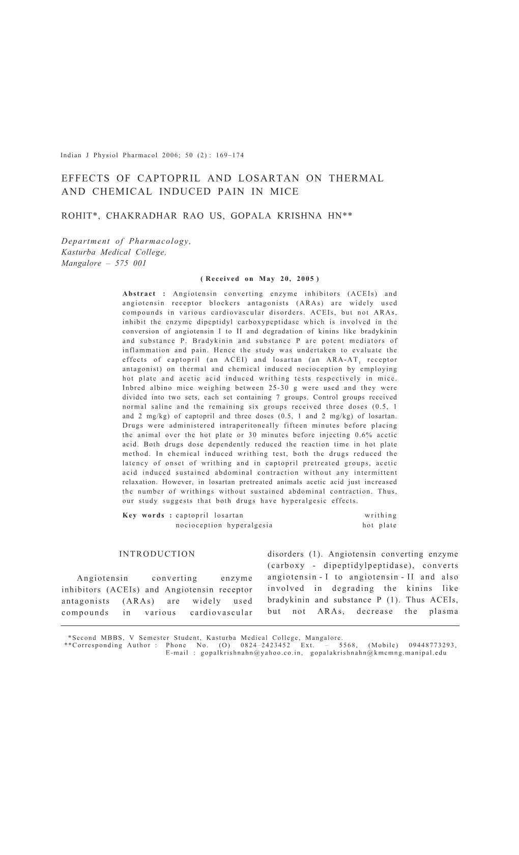 Effects of Captopril and Losartan on Thermal and Chemical Induced Pain in Mice