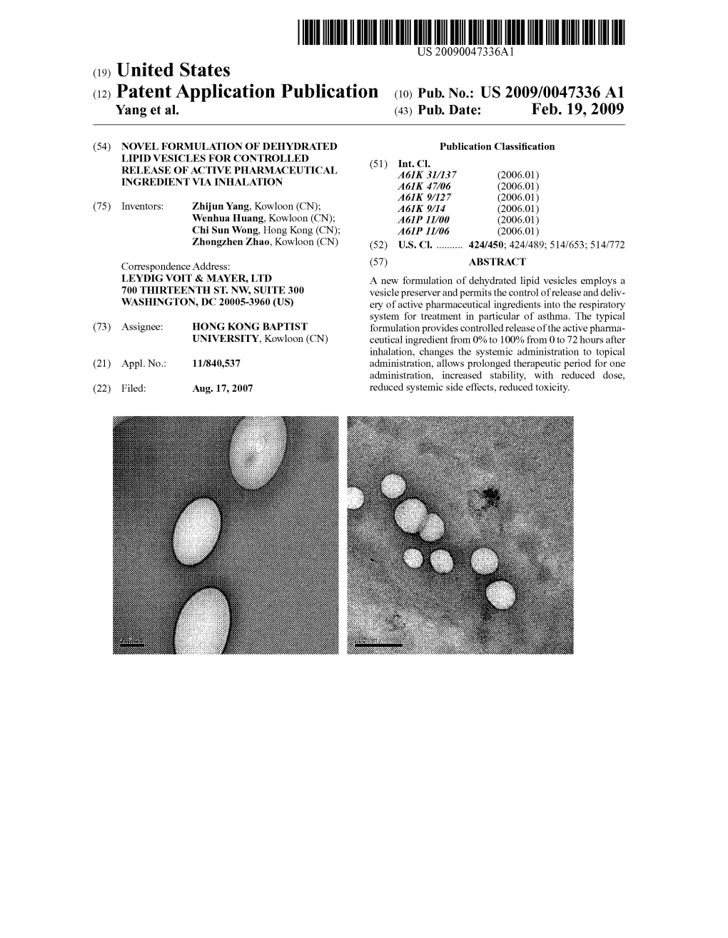 (12) Patent Application Publication (10) Pub. No.: US 2009/0047336A1 Yang Et Al