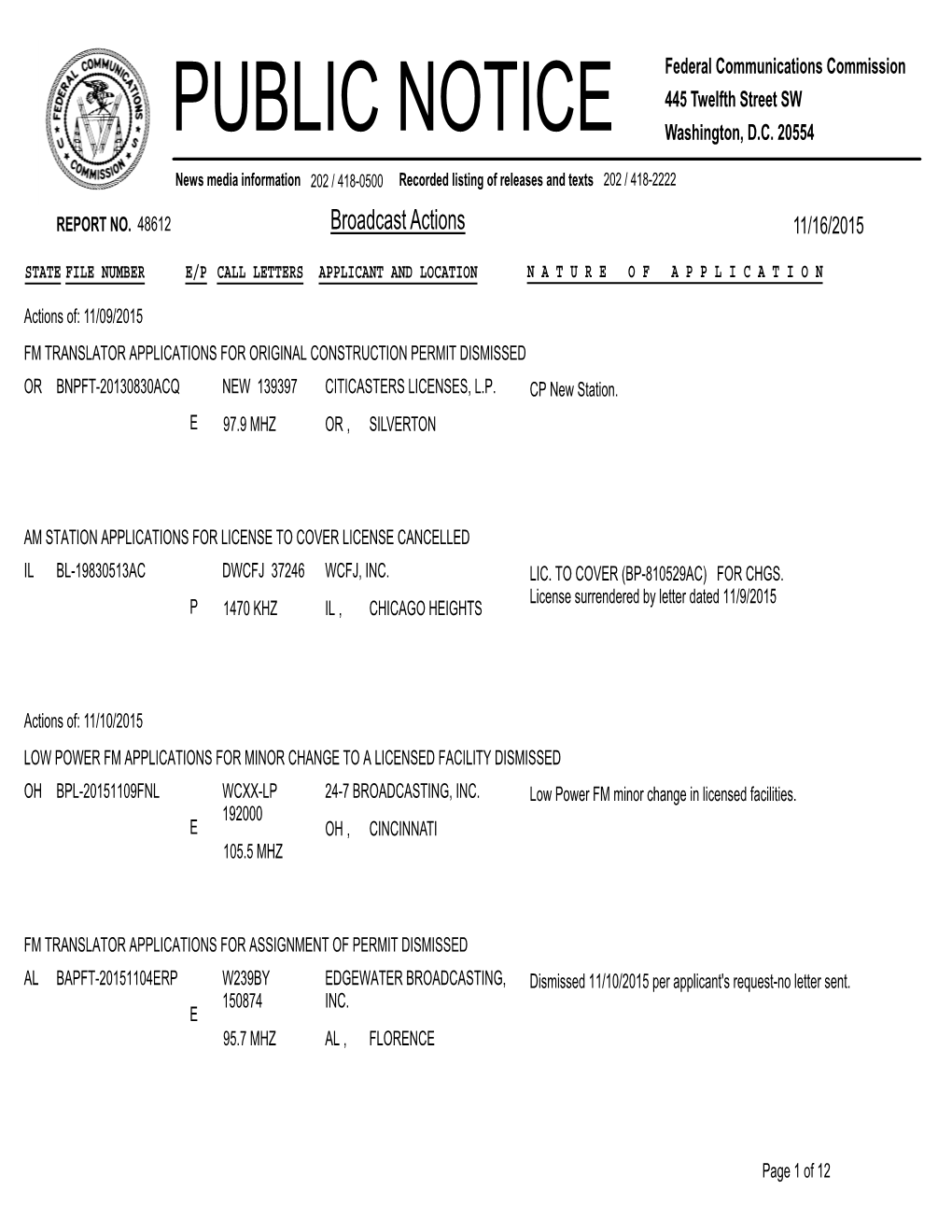 Broadcast Actions 11/16/2015